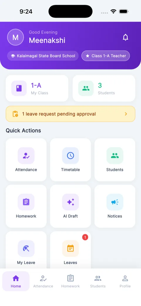GleeDesks teacher app — class dashboard with quick actions